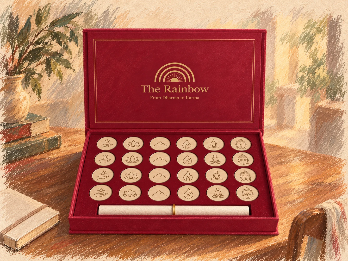 Illustrazione del cofanetto The Rainbow con le 24 fiches e la pergamena.