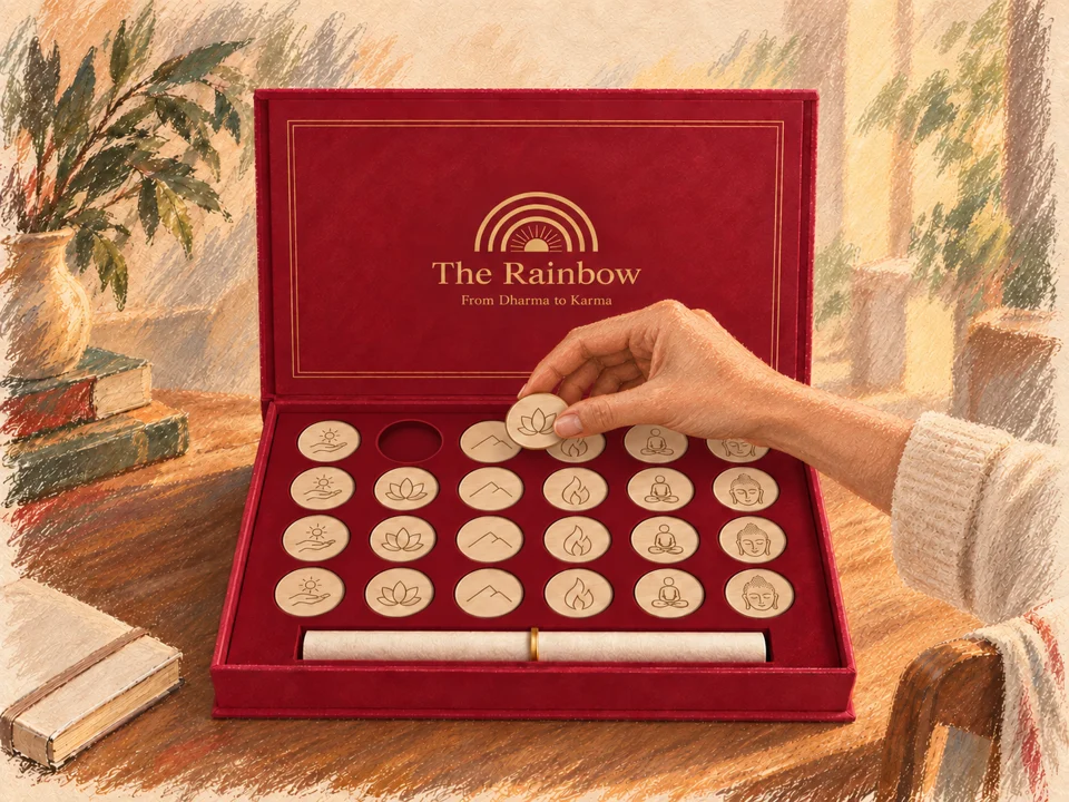 Una mano sceglie una fiche dal cofanetto The Rainbow.